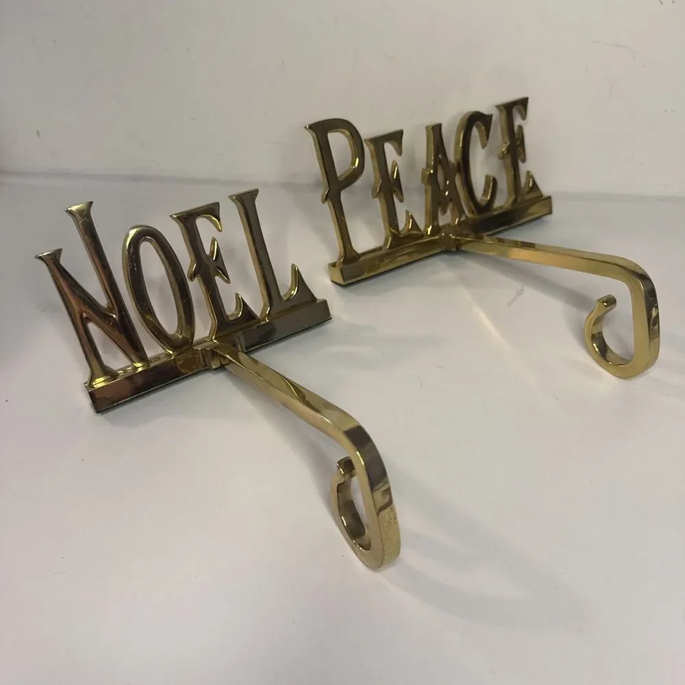 Lot of 2 Brass Long Arm Christmas Stocking Hanger Holder PEACE NOEL